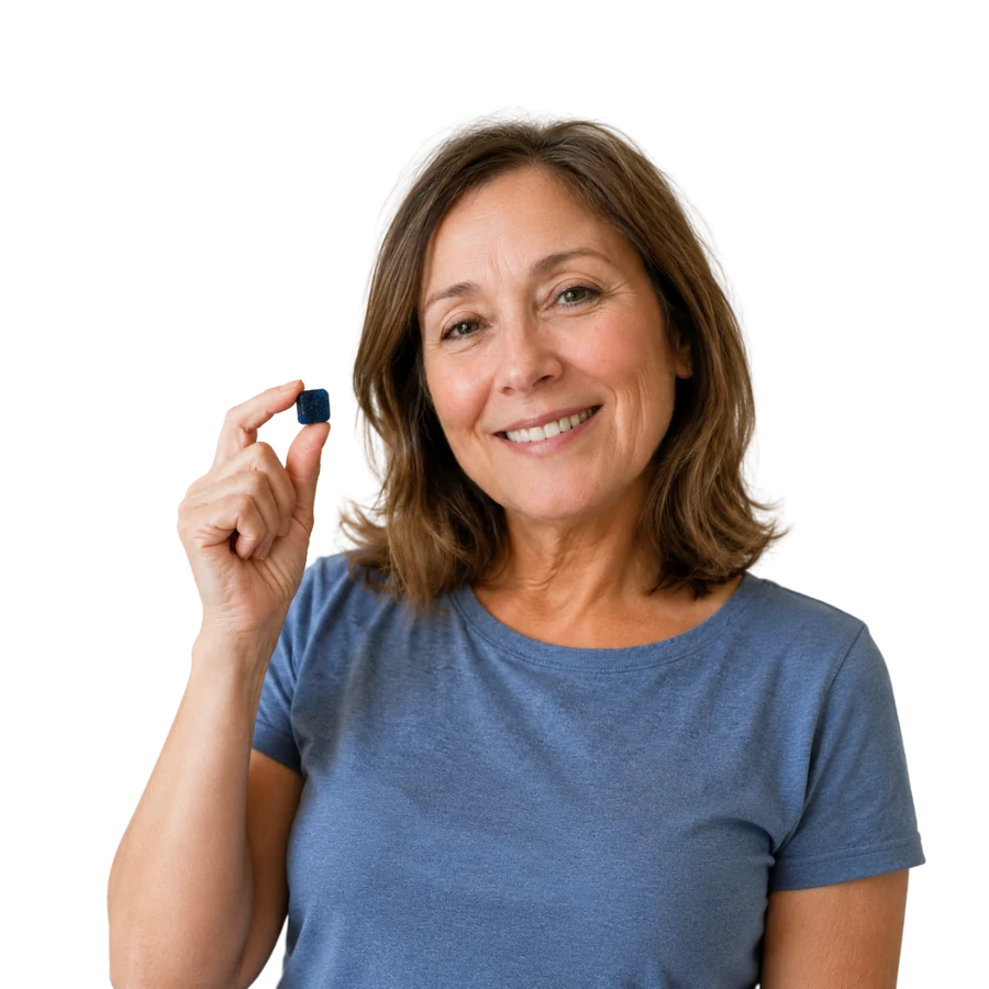 Happy customer holding a Simpyl gummy